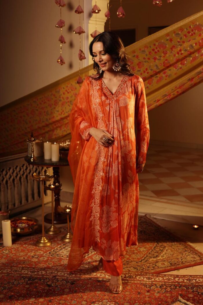 Orange Floral Embroidered Ethnic Set - Image 3