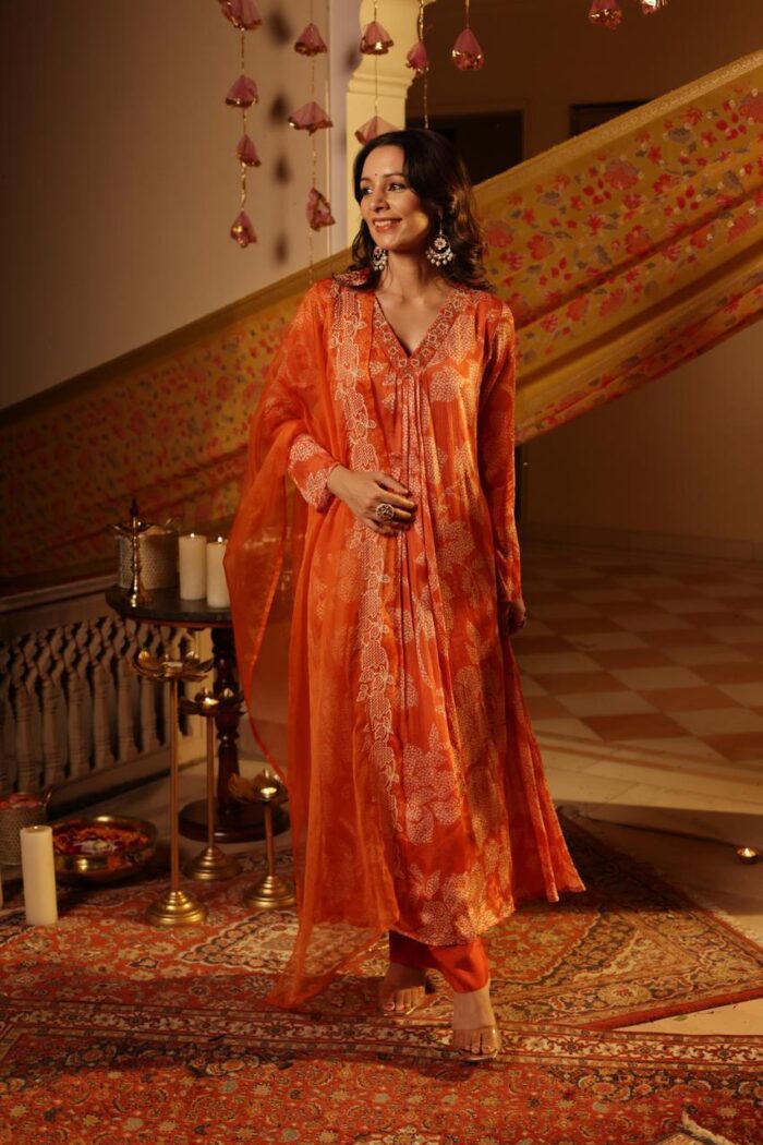Orange Floral Embroidered Ethnic Set - Image 1