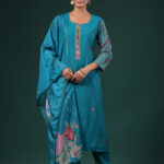 Elegant Teal Blue Embroidered Silk Ensemble