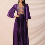 Purple Art Silk Flared Fusion Printed Dress