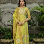 Moss Green Cotton Floral Printed Aline Suit Set