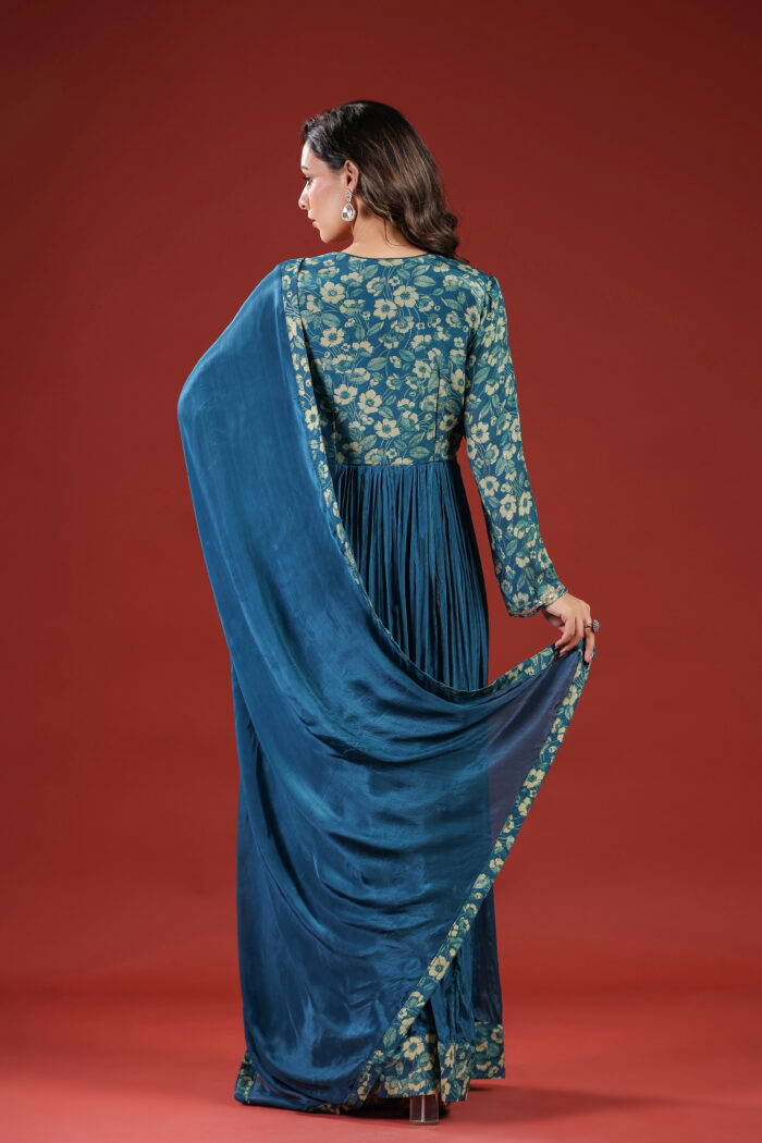 Regal Teal Blue Embroidered Anarkali Gown with Dupatta - Image 7