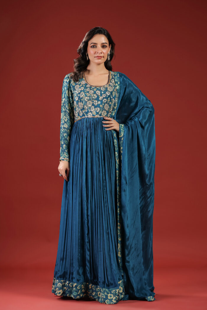 Regal Teal Blue Embroidered Anarkali Gown with Dupatta - Image 6