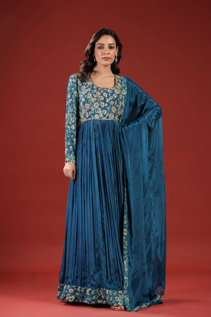 Regal Teal Blue Embroidered Anarkali Gown with Dupatta - Image 1