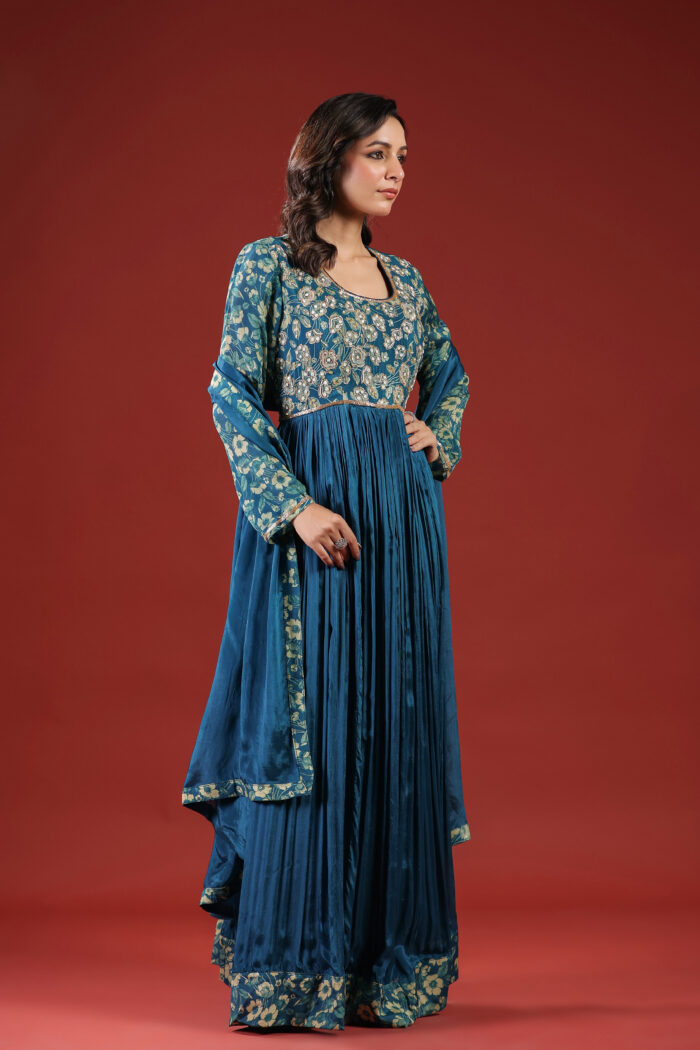 Regal Teal Blue Embroidered Anarkali Gown with Dupatta - Image 2