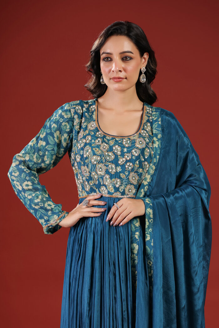 Regal Teal Blue Embroidered Anarkali Gown with Dupatta - Image 3