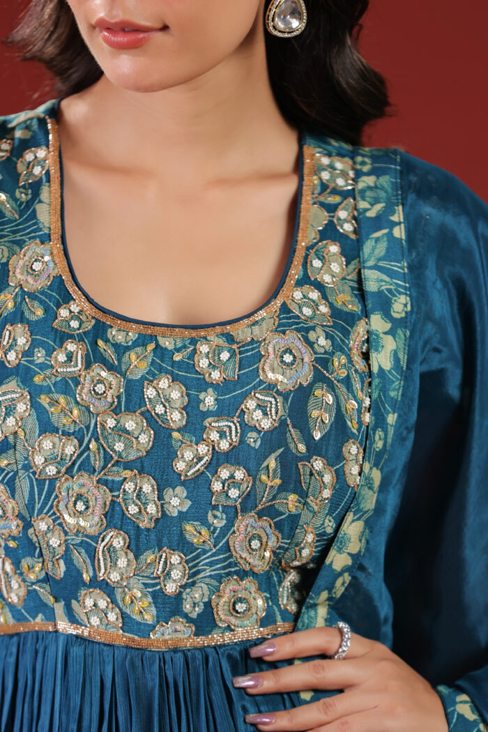 Regal Teal Blue Embroidered Anarkali Gown with Dupatta - Image 4