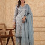 Grey Floral Thread Work Pakistani Suit Set