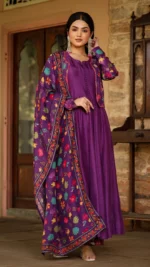 Purple Dola Silk & Printed Jacket Set - Image 7