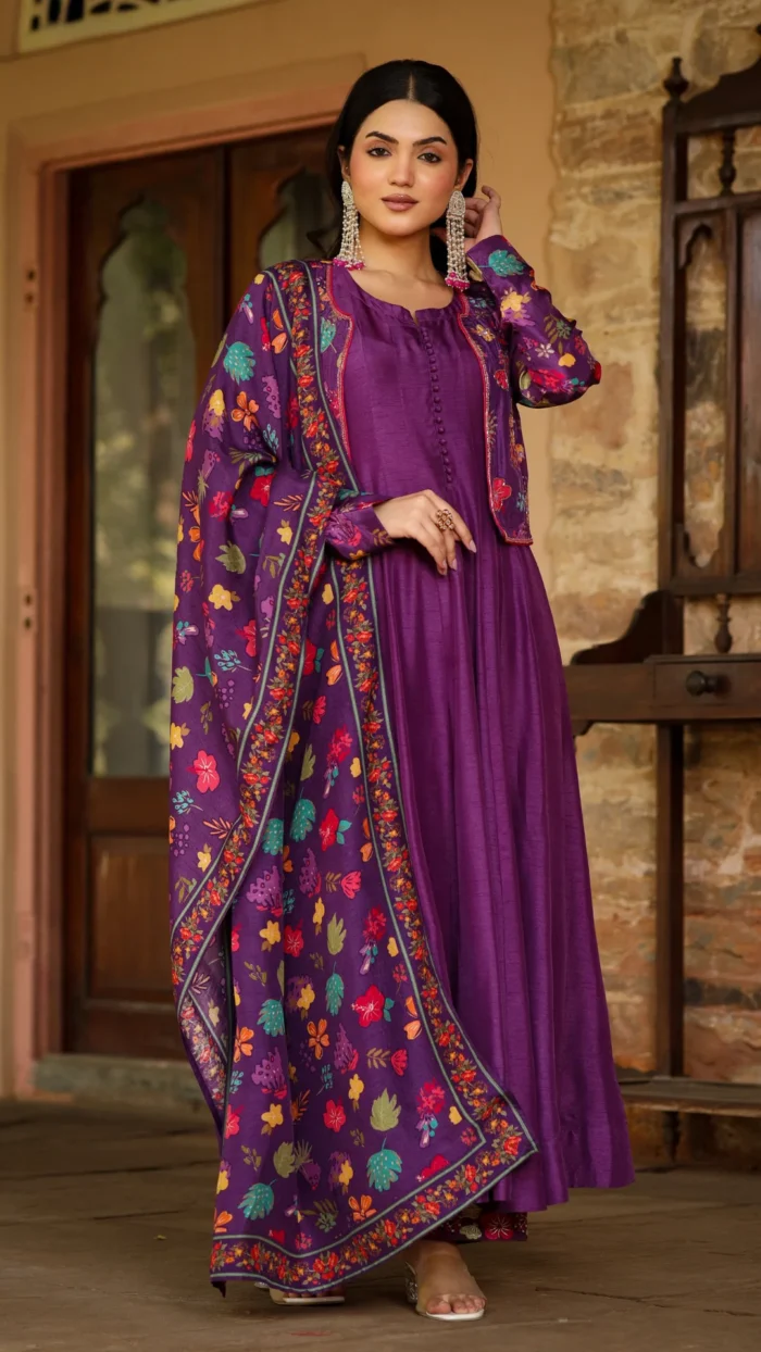 Purple Dola Silk & Printed Jacket Set - Image 7