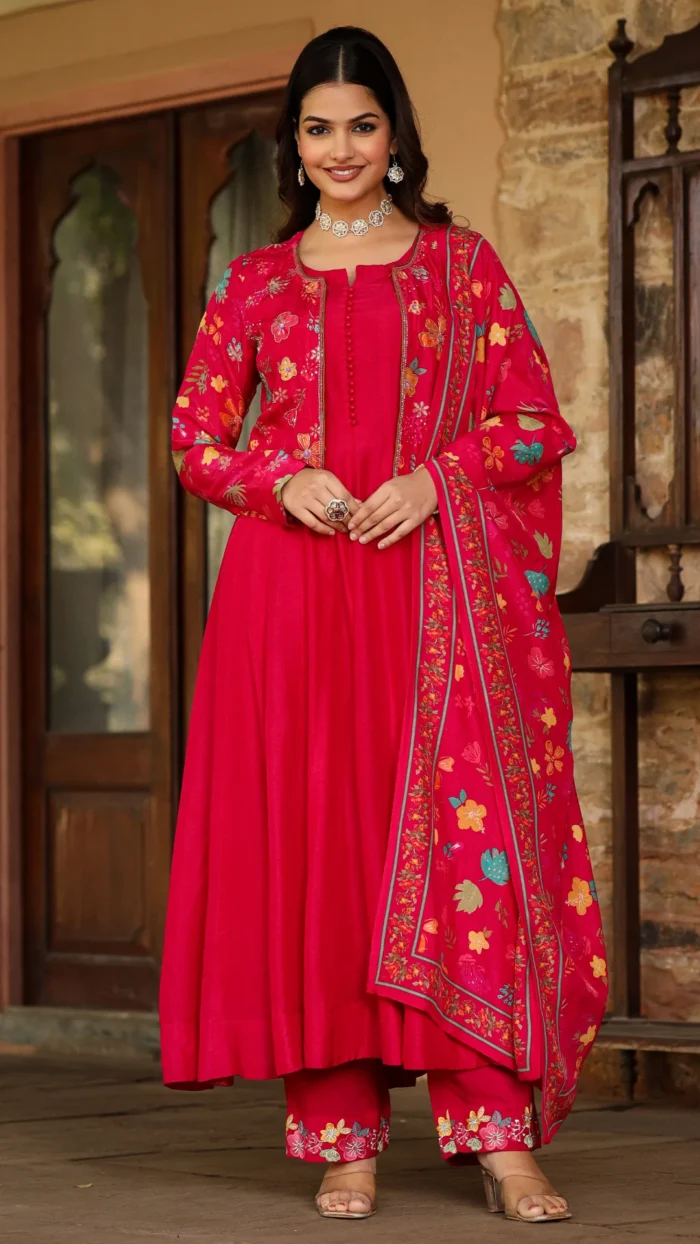 Cherry Red Silk & Printed Jacket Set - Image 3