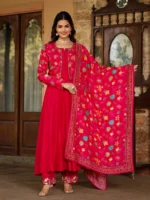 Cherry Red Silk & Printed Jacket Set - Image 4