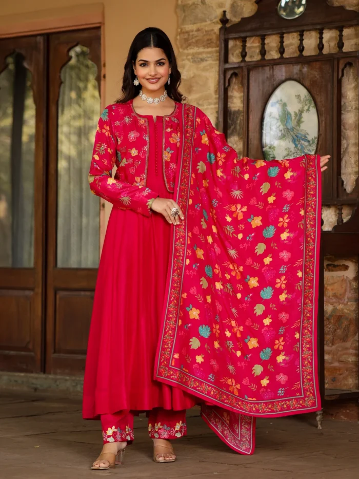 Cherry Red Silk & Printed Jacket Set - Image 4