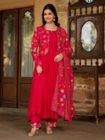 Cherry Red Silk & Printed Jacket Set - Image 5