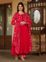 Cherry Red Silk & Printed Jacket Set - Image 7