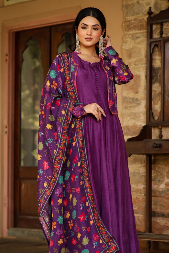 Purple Dola Silk & Printed Jacket Set - Image 1