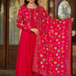 Cherry Red Silk & Printed Jacket Set