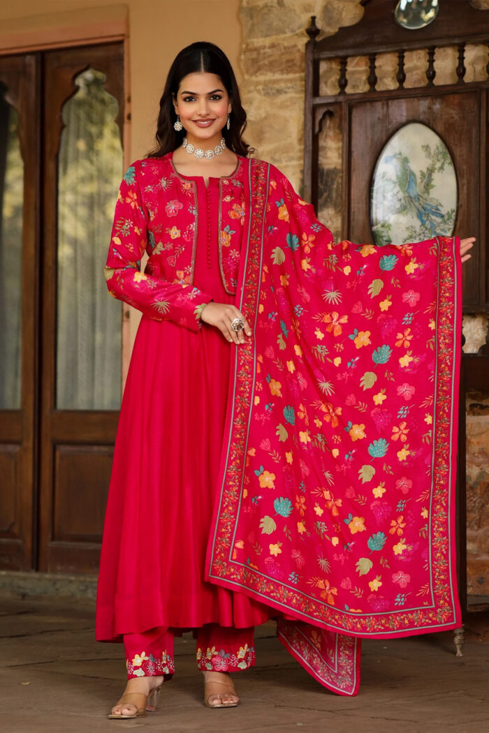 Cherry Red Silk & Printed Jacket Set - Image 1